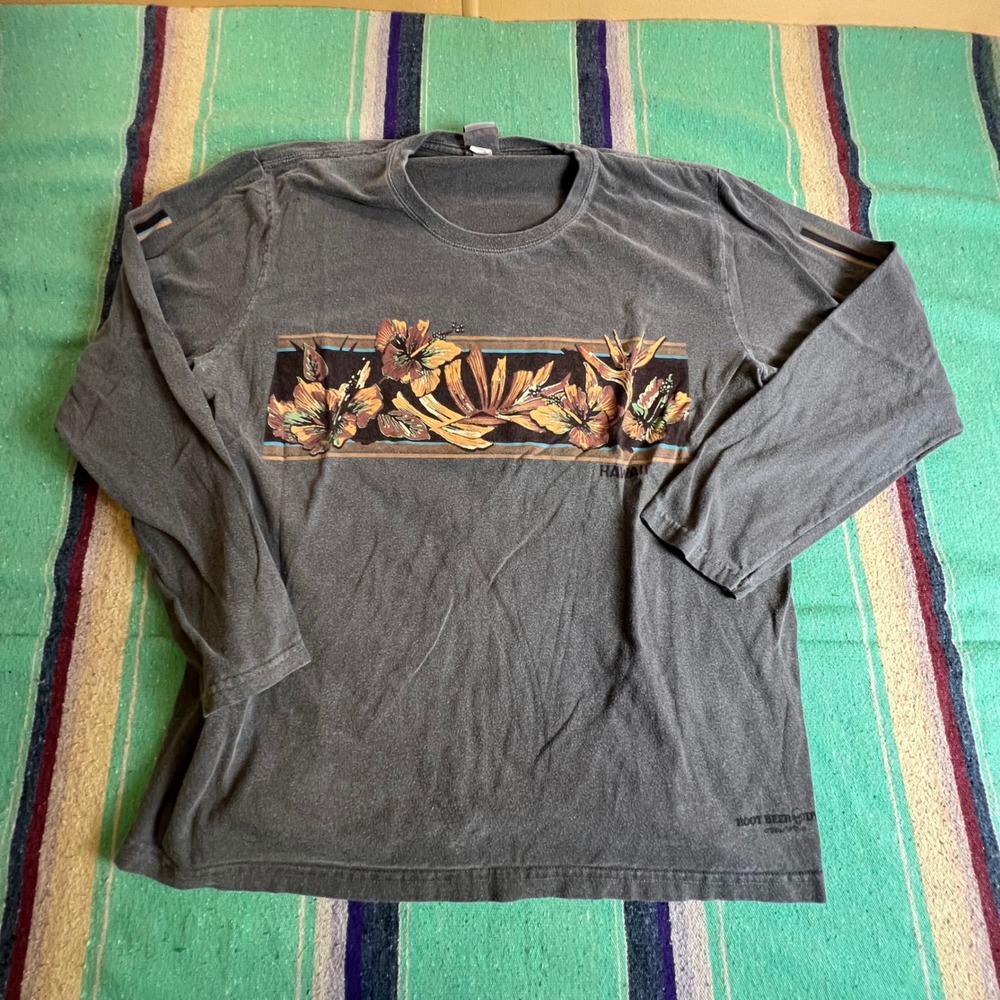 Crazy Shirts T-Shirt Mens Large Gray Root Beer Dyed Hawaii Floral Long Sleeve